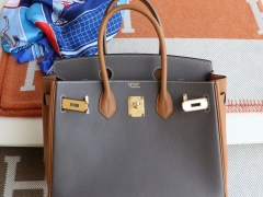 HERMES 8F锡器灰拼金棕 金扣 Birkin30CM 铂金包 法国进口TC牛皮 老师傅全手缝蜡线