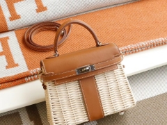 HERMES CK37金棕 藤条编制 银扣 kelly picnic 20CM 法国原厂Swift皮 凯丽凯莉包 纯手缝蜡线缝制