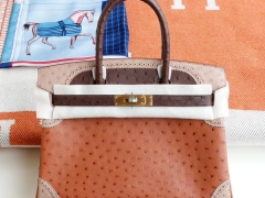 爱马仕 百搭拼色蕾丝款 金棕拼深咖啡拼羊毛白 Birkin30CM 进口南非鸵鸟皮 金扣 纯手缝蜡线缝制 铂金包