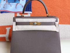 HERMES 8F锡器灰 Kelly28CM 原厂Epsom皮 凯丽凯莉包 纯手缝蜡线缝制工艺