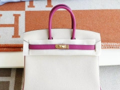 HERMES CC10奶昔白拼L3玫瑰紫 金扣 Birkin25CM 铂金包法国togo小牛皮 老师傅全手工缝制